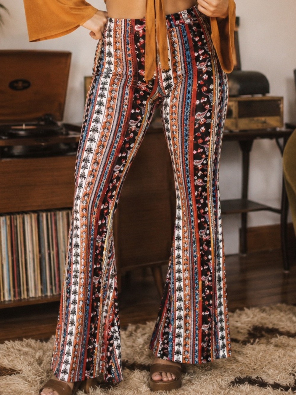 Boho 70s Print Flare Pants | Retro Wide Leg Stretch Pants